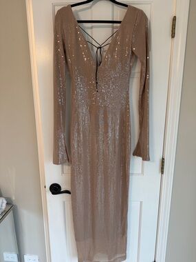 Sequin Long-Sleeve V-Neck Maxi Dress in Nude